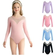 Agkizg Kid Girls Gymnastic Leotard Long Sleeve Solid Color Ballet Dance One Piece Outfit, Sizes 2-15 Years